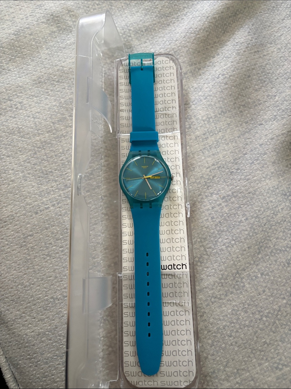 Swatch Teal Blue Silicone Strap Watch with Yellow Second Hand